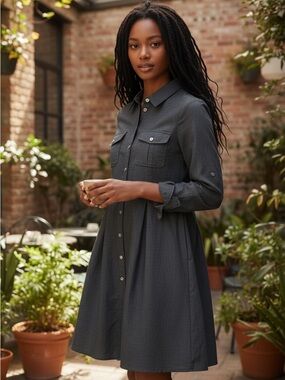 EMMA & MICHELE Button-Front Shirt Dress in Charcoal Gray size8